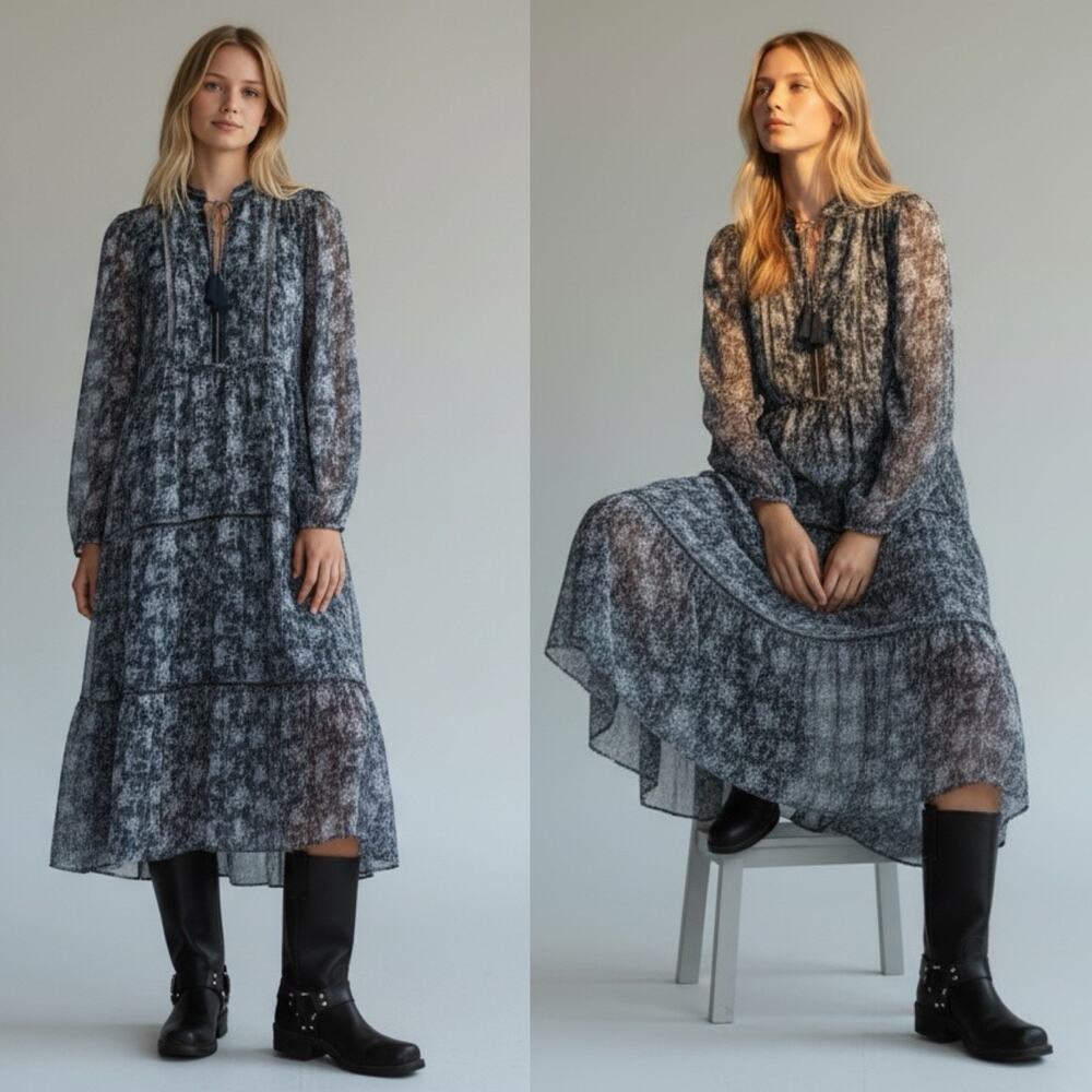 Lucky Brand Ditzy Floral Sheer Peasant Midi Dress Size M Tiered Cottage Prairie